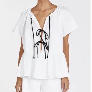 DISSH DEL White Linen Top - Size US 6 / AU 10; Black Tie Accents; Like New